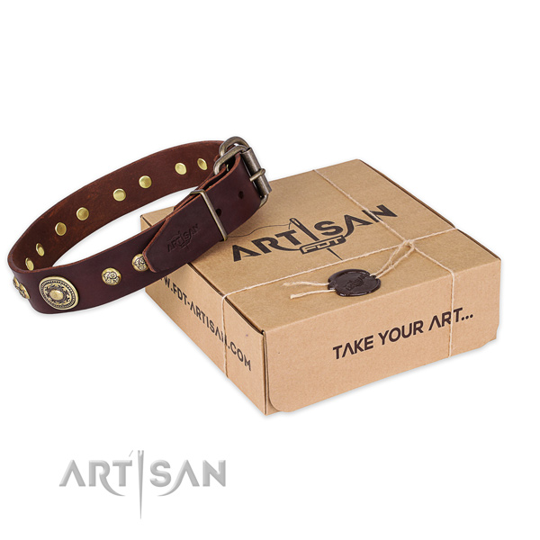 Corrosion resistant traditional buckle on genuine leather dog collar for handy use