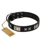 "Pitch Dark" FDT Artisan Black Leather Rottweiler Collar with Stars and Plates
