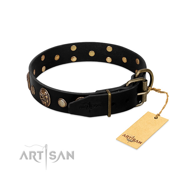 Durable D-ring on leather collar for everyday walking your dog