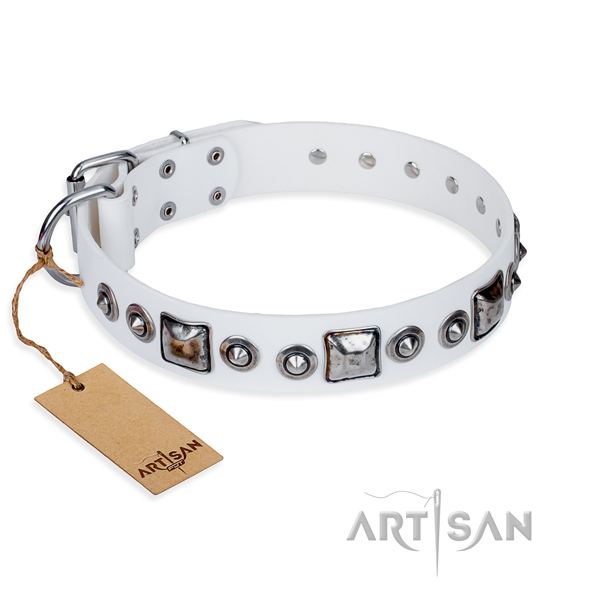 Natural genuine leather dog collar made of reliable material with corrosion resistant traditional buckle