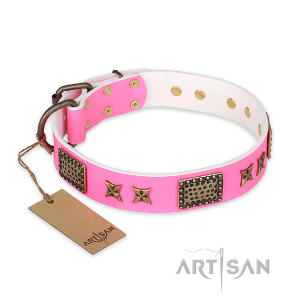 Embellished leather dog collar with corrosion proof traditional buckle