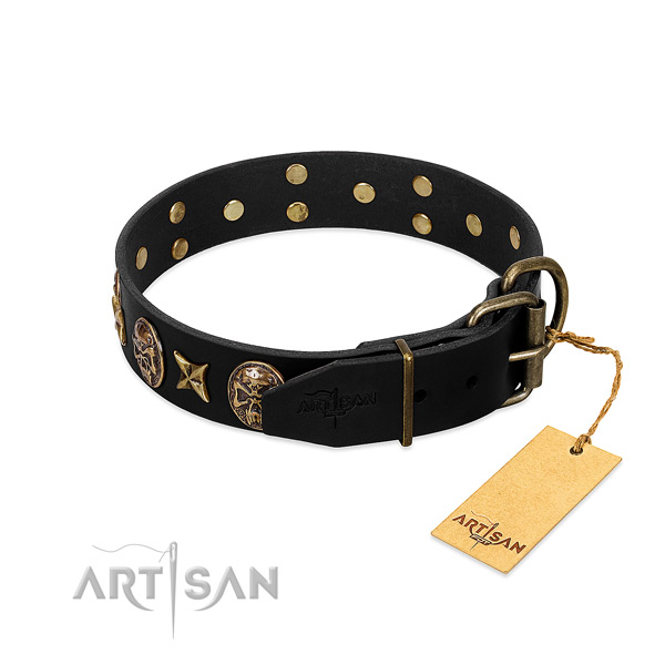 Rust resistant decorations on full grain natural leather dog collar for your four-legged friend