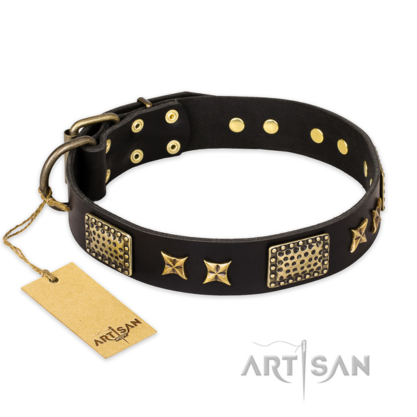 Easy wearing natural genuine leather dog collar with strong traditional buckle