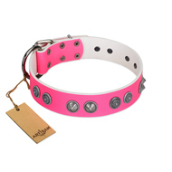 "Spiky Jewel" Handmade FDT Artisan Pink Leather Rottweiler Collar with Silver-Like Embellishments