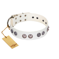 "Ancient Mystery" FDT Artisan Handmade White Leather Rottweiler Collar with Silver-like Fitting